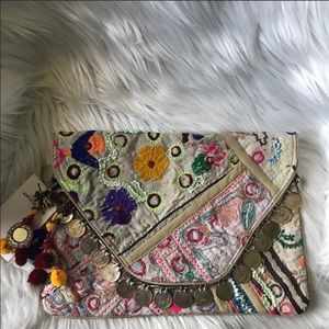 ANTIK BATIK Banjo Embellished Clutch Multi Tan